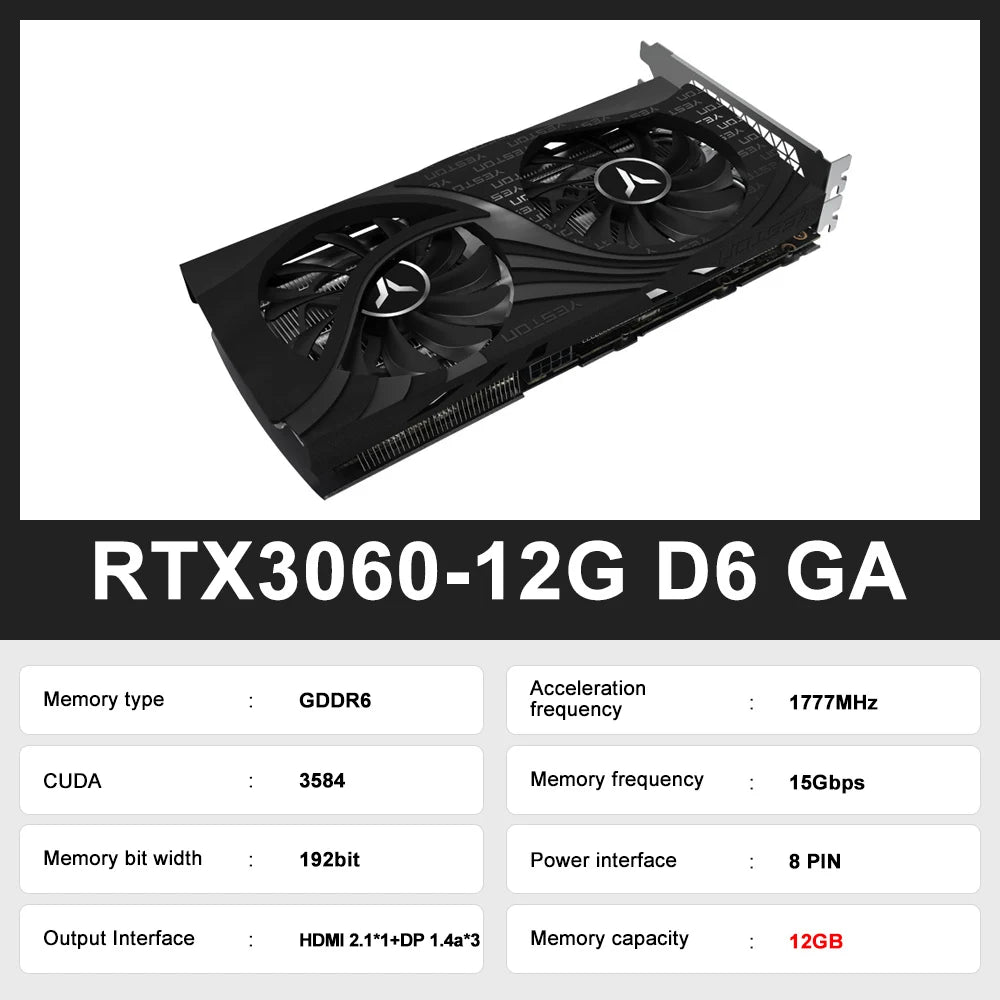 YESTON New Graphic Card GDDR6 NVIDIA Rtx 3060 12G Gaming GPU Video Cards Rtx 3060TI Rtx3050 Rtx3070 Rtx3080 Placa De Vídeo