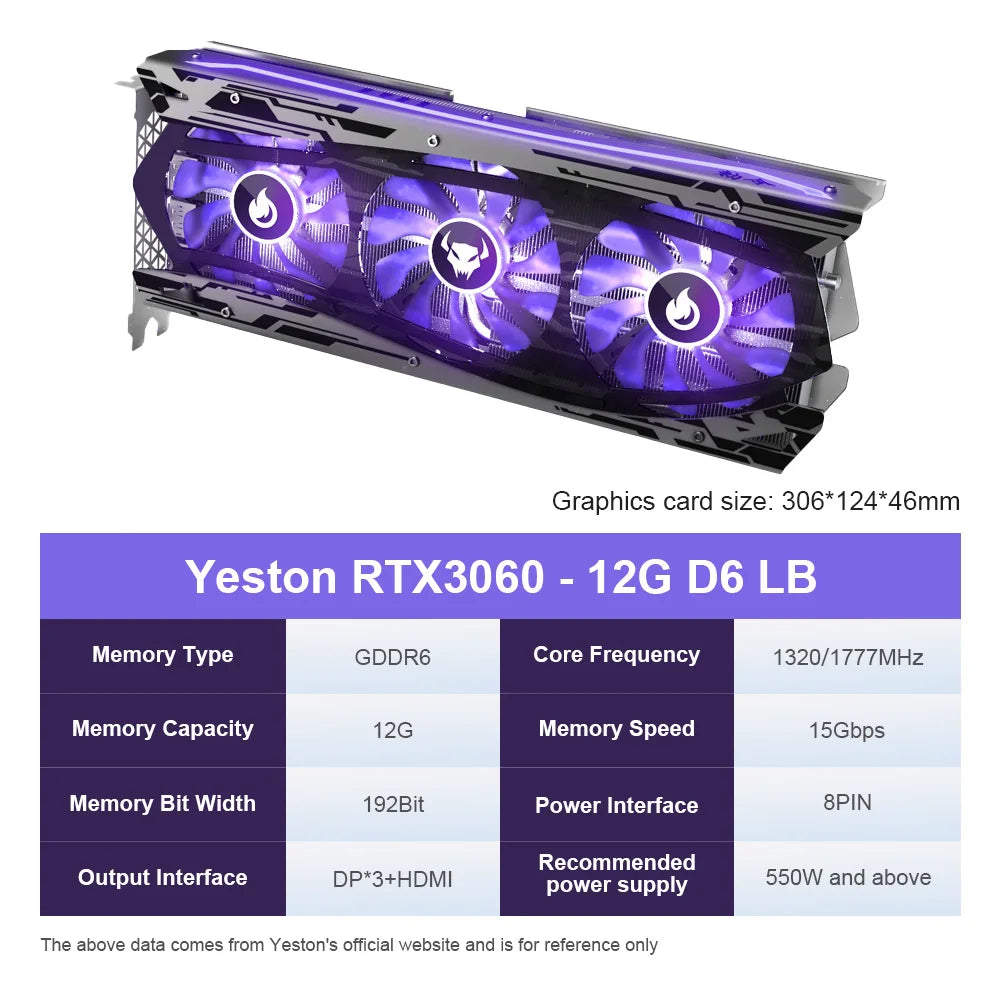 YESTON New Graphic Card GDDR6 NVIDIA Rtx 3060 12G Gaming GPU Video Cards Rtx 3060TI Rtx3050 Rtx3070 Rtx3080 Placa De Vídeo