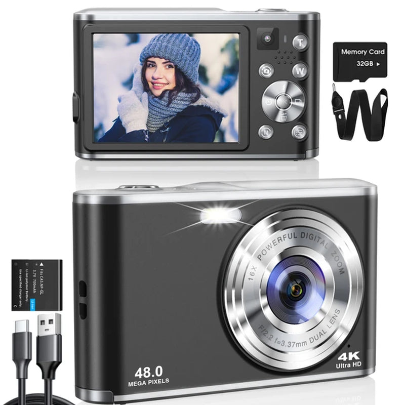 4K Digital Camera Autofocus Vlogging Camera with Front Rear Lens, 32GB Card, 48MP 16X Digital Zoom Selfie Camera, Black, White