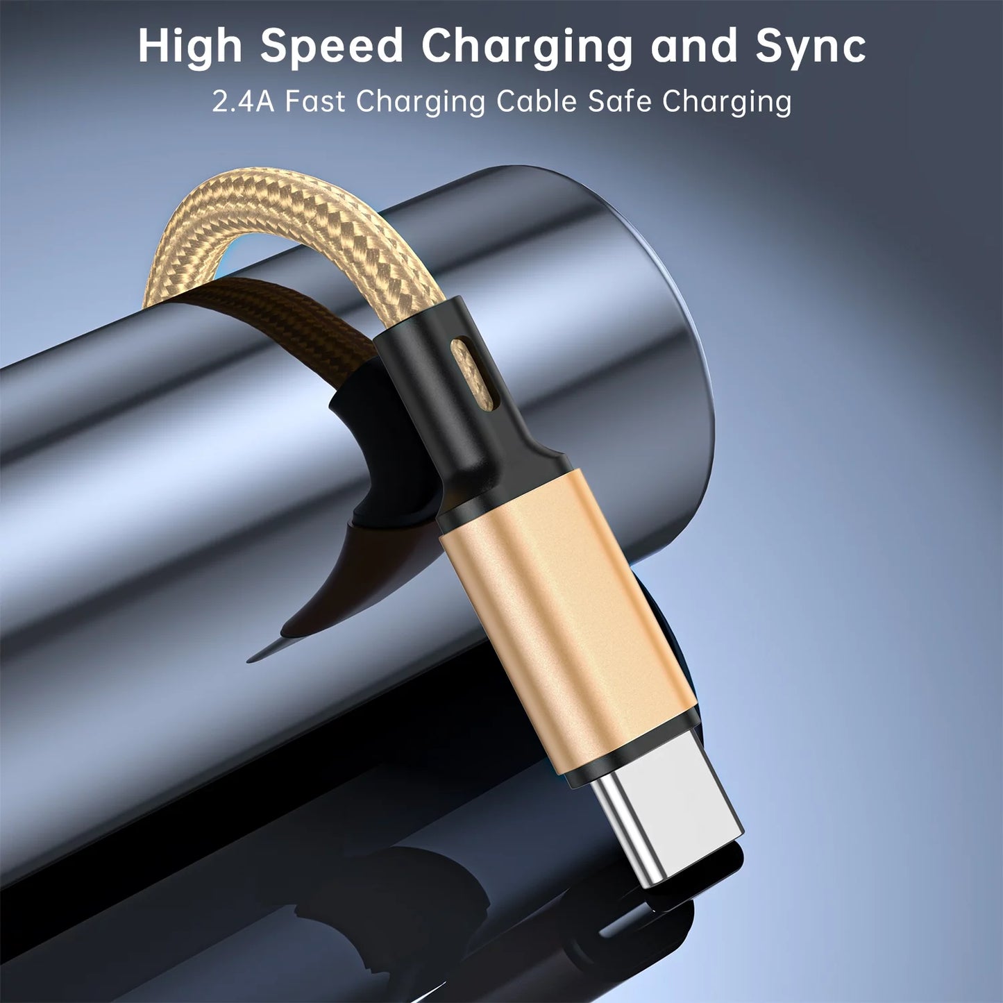 USB C Cable 2.4A Fast Charging Cable, 3 Pack 3/6/6Ft Long Charger, Premium Nylon Cables, Fast Charging Cord Compatible with Iphone 15 Samsung Galaxy Note 10/10+ Plus/9/8, S20 S10 S9 S8 plus (Gold)