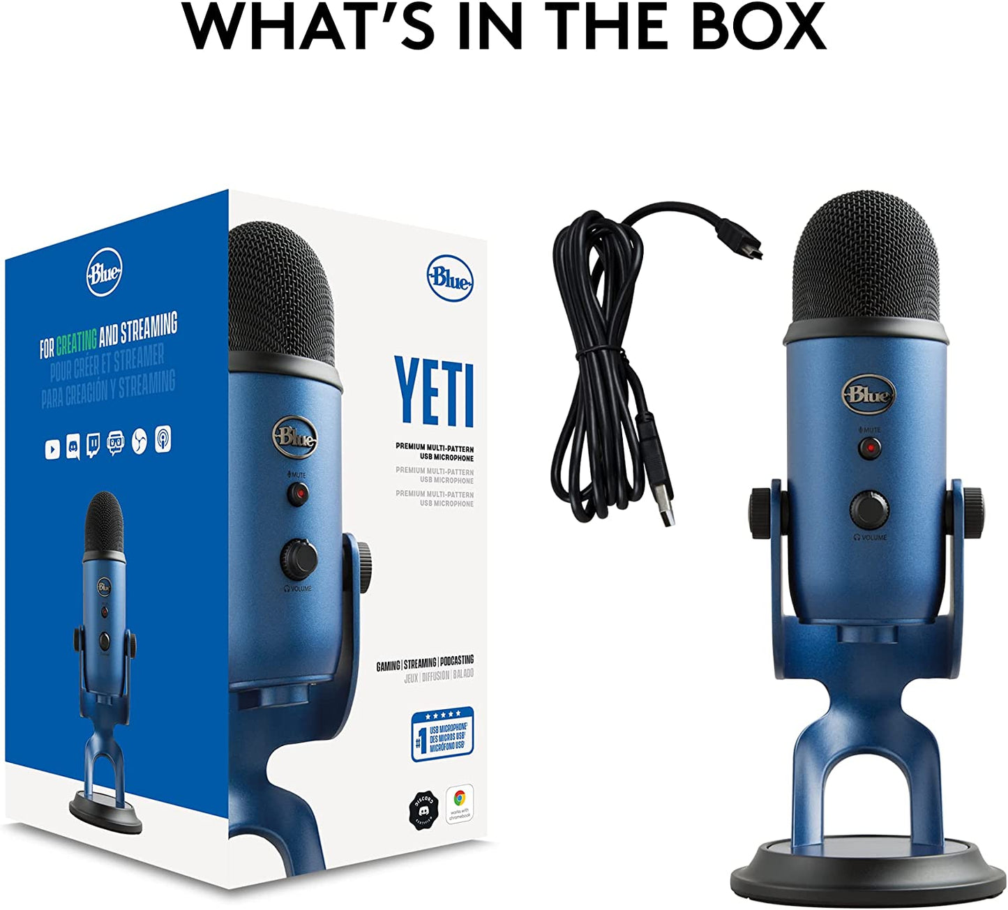 Yeti USB Mic for Recording and Streaming on PC and Mac, VO!CE Effects, 4 Pickup Patterns, Headphone Output and Volume Control, Adjustable Stand, Plug and Play – Midnight