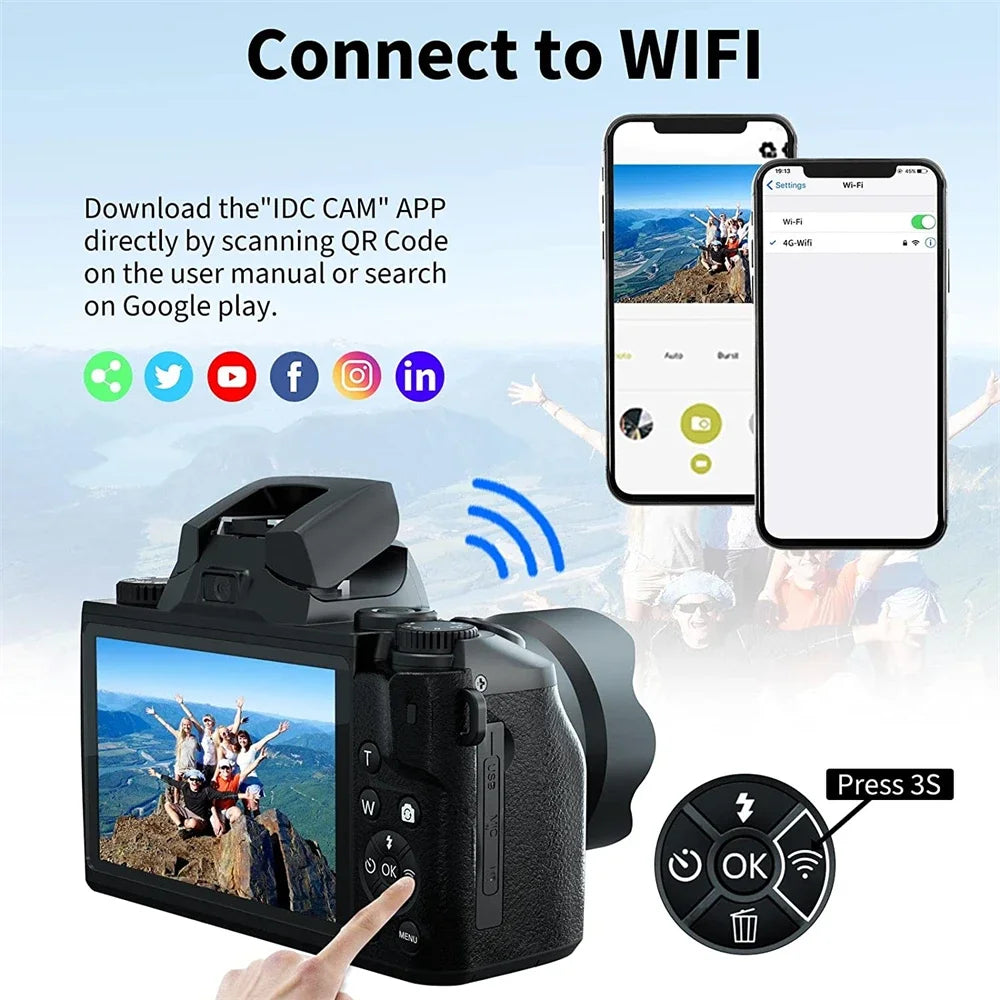 4K HD Digital Camera DSLR Camcorder 64MP Auto Focus Photography Youtube Streaming 16X Zoom Optical 4.0"Touch Screen Video Camera