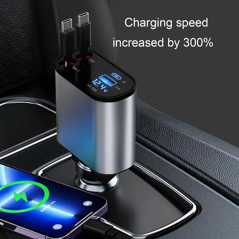 Retractable Car Charger 4In1 Fast Car Phone Charger 100W Retractable Cables 2 USB Ports Car Charger Adapter for All Smartphone