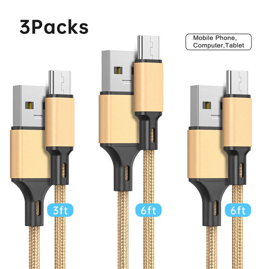 USB C Cable 2.4A Fast Charging Cable, 3 Pack 3/6/6Ft Long Charger, Premium Nylon Cables, Fast Charging Cord Compatible with Iphone 15 Samsung Galaxy Note 10/10+ Plus/9/8, S20 S10 S9 S8 plus (Gold)