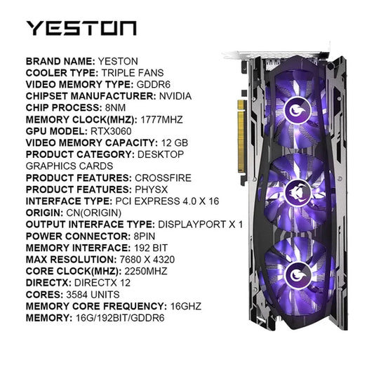 YESTON New Graphic Card GDDR6 NVIDIA Rtx 3060 12G Gaming GPU Video Cards Rtx 3060TI Rtx3050 Rtx3070 Rtx3080 Placa De Vídeo