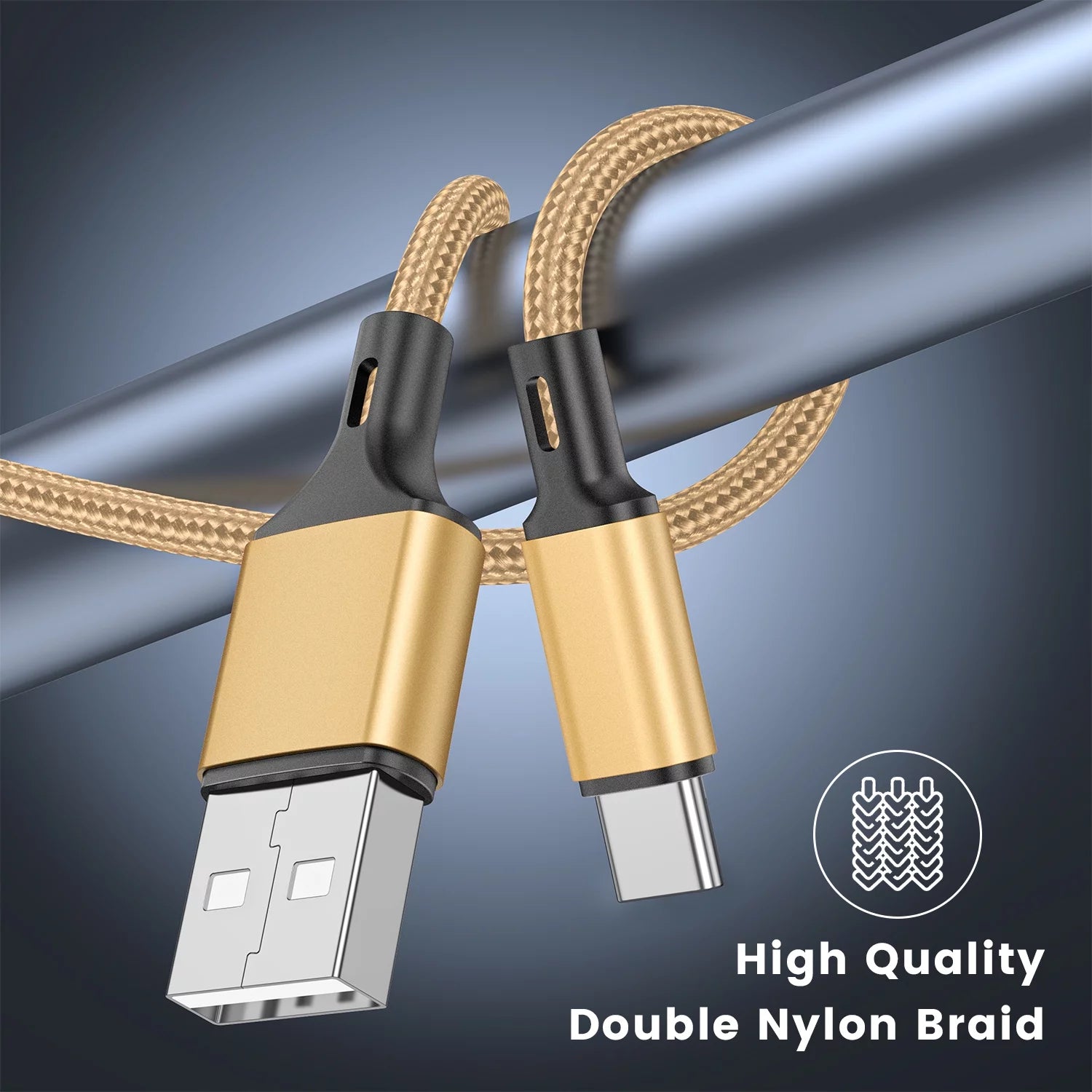 USB C Cable 2.4A Fast Charging Cable, 3 Pack 3/6/6Ft Long Charger, Premium Nylon Cables, Fast Charging Cord Compatible with Iphone 15 Samsung Galaxy Note 10/10+ Plus/9/8, S20 S10 S9 S8 plus (Gold)